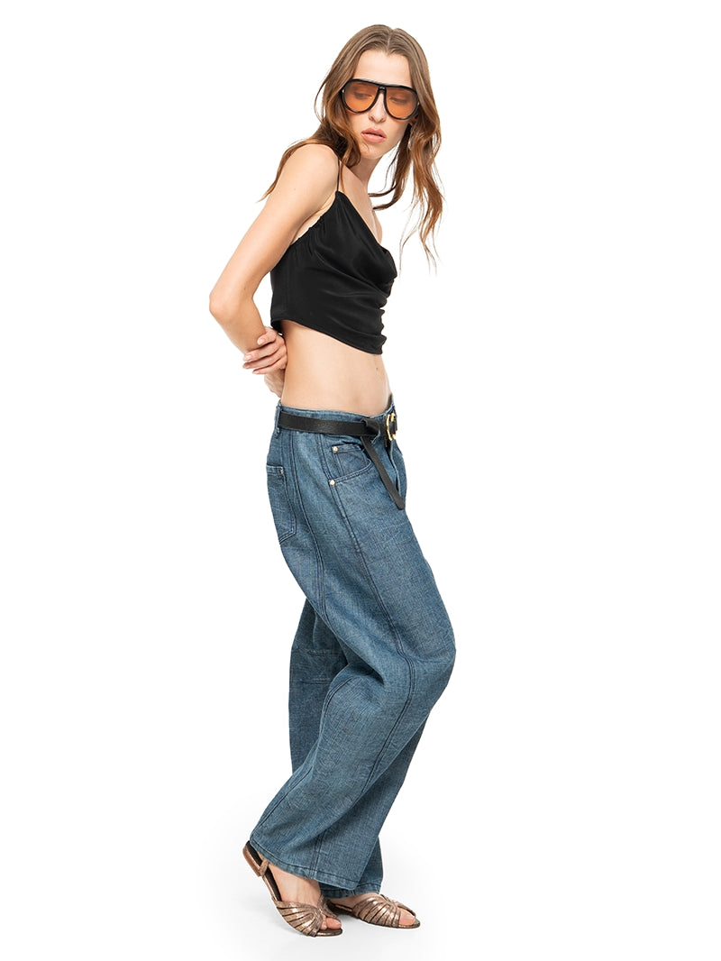Maz silk crepe mini top in black, side view - worn by model