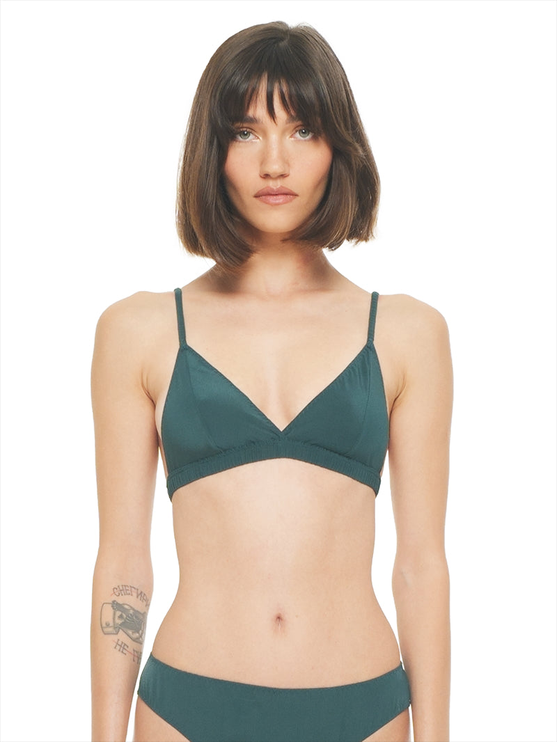 Polie silk crepe bra in pine green, front view - worn by model