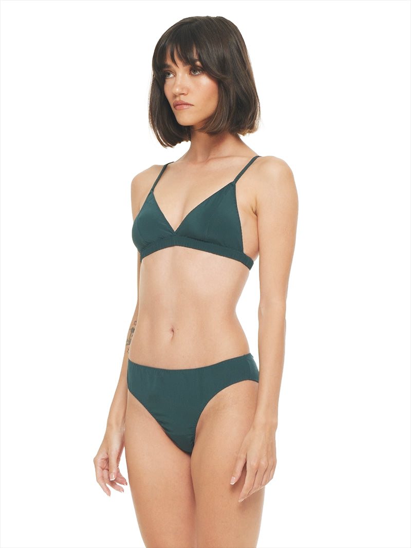 Polie silk crepe underwear in pine green, quarter front view - worn by model