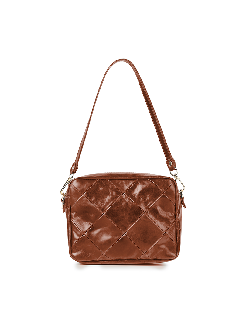 Rimba leather shoulder bag with a diamond-quilted pattern, featuring matching detachable shoulder and crossbody straps with gold-tone hardware - ghost front view