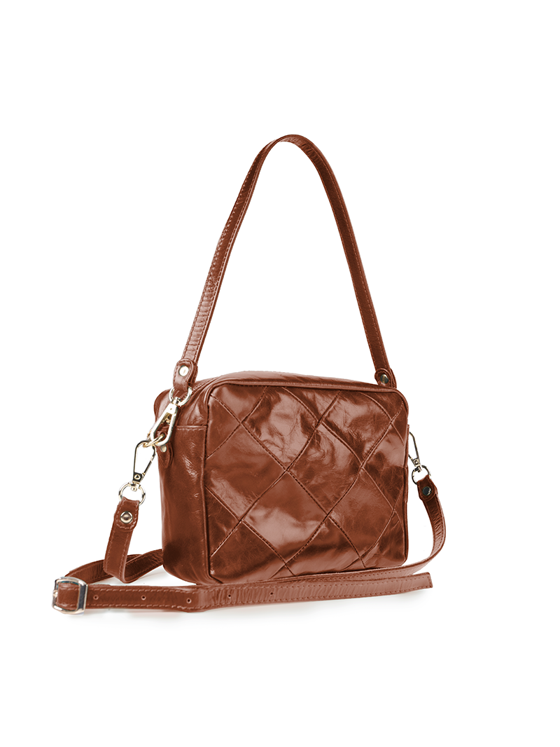 Rimba leather shoulder bag with a diamond-quilted pattern, featuring matching detachable shoulder and crossbody straps with gold-tone hardware - ghost quarter-front view