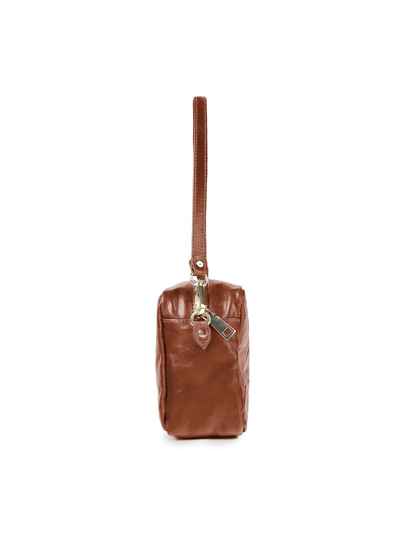 Rimba leather shoulder bag with a diamond-quilted pattern, featuring matching detachable shoulder and crossbody straps with gold-tone hardware - ghost side view