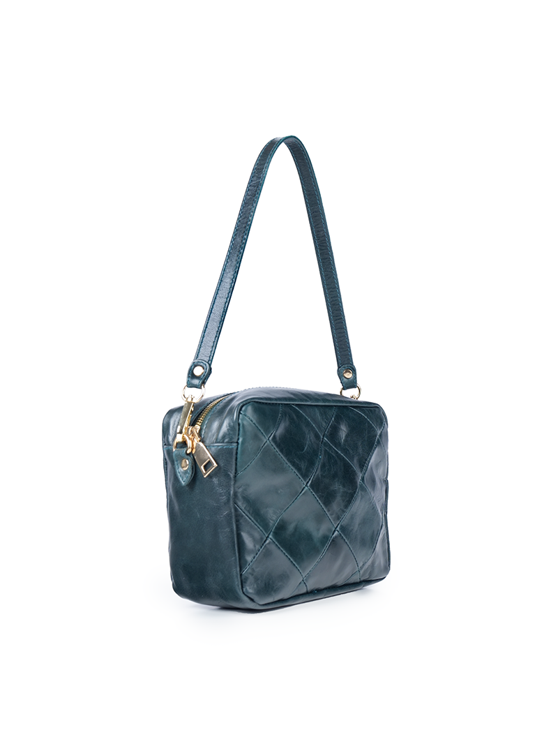 Rimba leather shoulder bag with a diamond-quilted pattern, featuring matching detachable shoulder and crossbody straps with gold-tone hardware - ghost quarter-front view