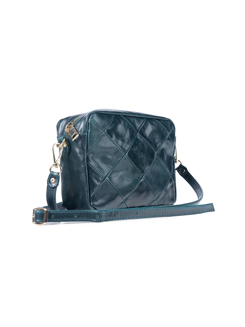 Rimba leather shoulder bag with a diamond-quilted pattern, featuring matching detachable shoulder and crossbody straps with gold-tone hardware - ghost quarter-front view