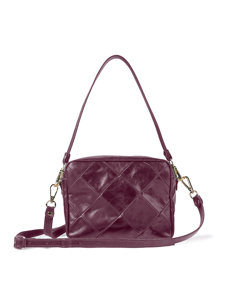 Rimba leather shoulder bag with a diamond-quilted pattern, featuring matching detachable shoulder and crossbody straps with gold-tone hardware - ghost front view