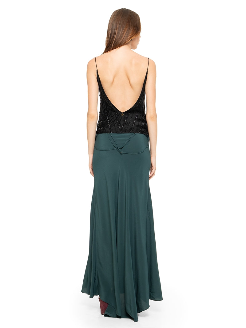 Selma beaded top in black styled with Maz maxi dress and Betty heels, back view - worn by model