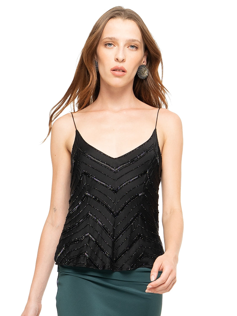 Selma beaded top in black, front close view - worn by model