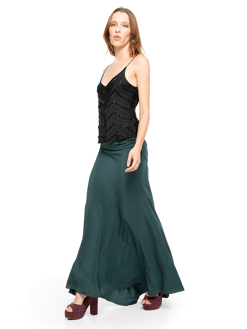 Selma beaded top in black styled with Maz maxi dress and Betty heels, quarter-front view - worn by model