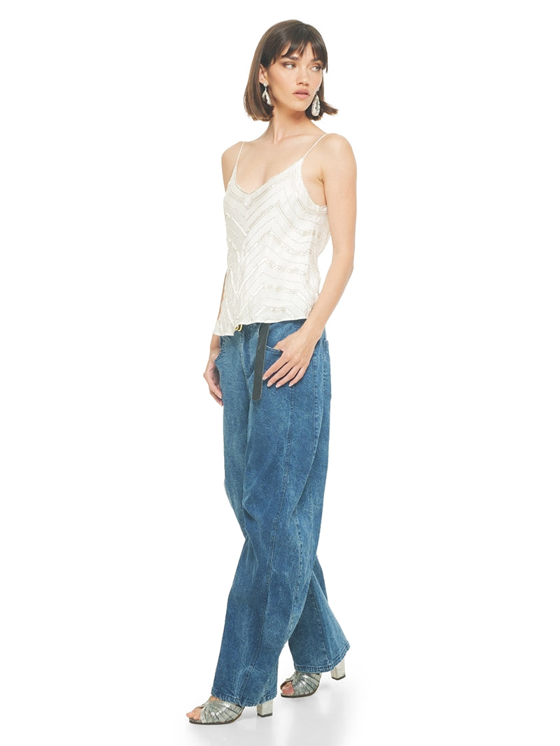 Selma beaded top in natural color styled with Catch jeans pants and Margot heels, quarter front view - worn by model