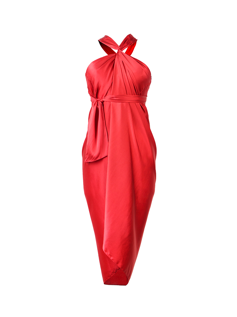 Shakti wrap midi skirt in red styled as a halter dress with gathered tie at the neck - ghost front view