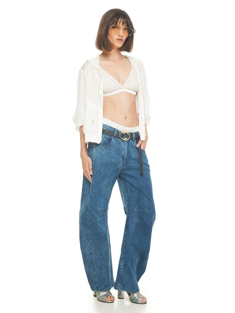 Sheer bomber jacket in natural color styled with Alegra beaded bra, Catch jeans pants and Margot heels, quarter front view - worn by model