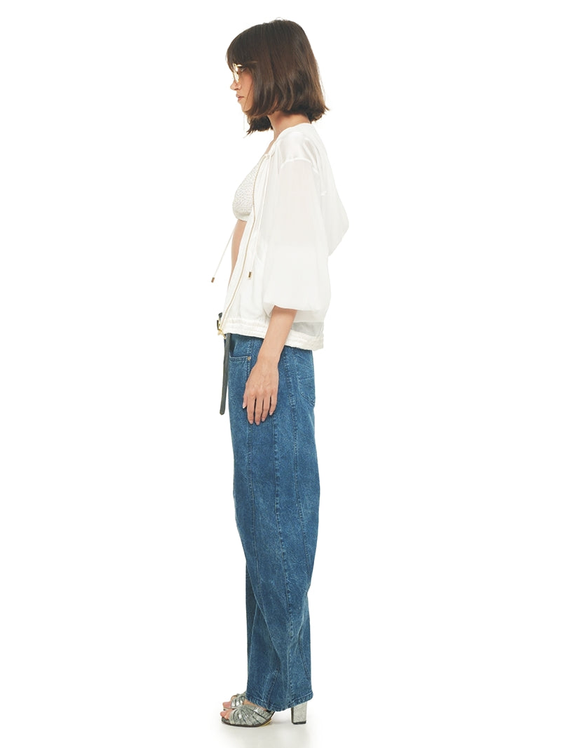 Sheer bomber jacket in natural color styled with Alegra beaded bra, Catch jeans pants and Margot heels, side view - worn by model