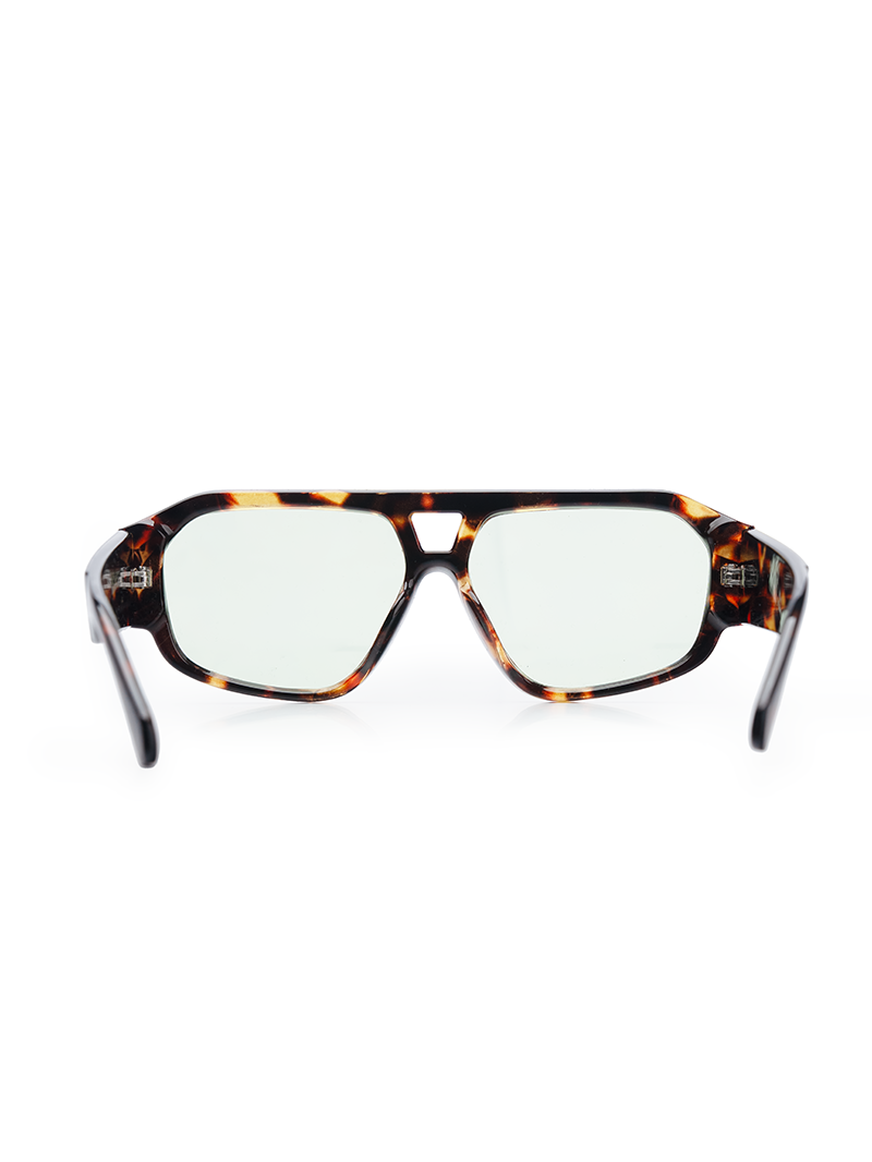 Oversized rectangle sunglasses with a dark brown and amber tortoiseshell frame and tinted light green lenses - back view