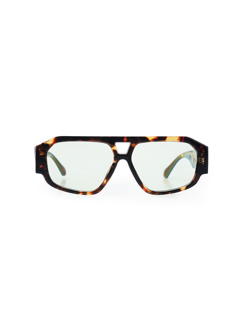 Oversized rectangle sunglasses with a dark brown and amber tortoiseshell frame and tinted light green lenses - front view