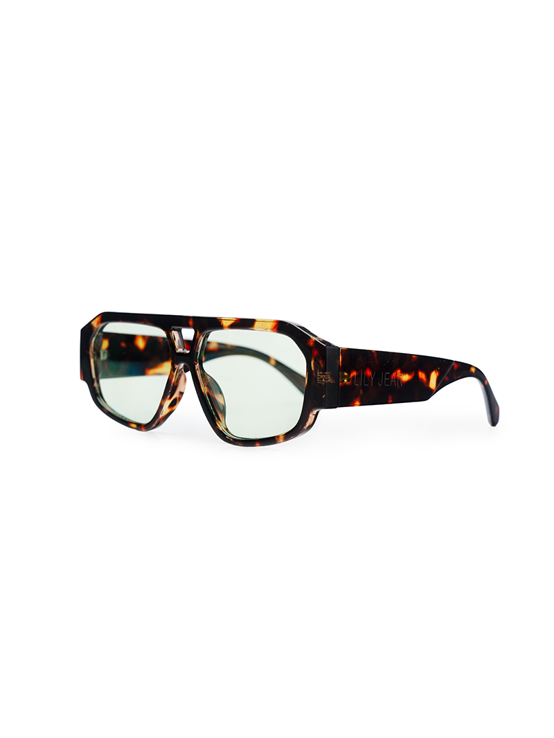 Oversized rectangle sunglasses with a dark brown and amber tortoiseshell frame and tinted light green lenses - quarter front view