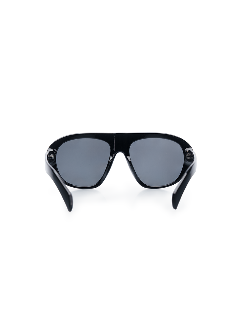 Square-aviator black sunglasses with dark gray lenses - back view