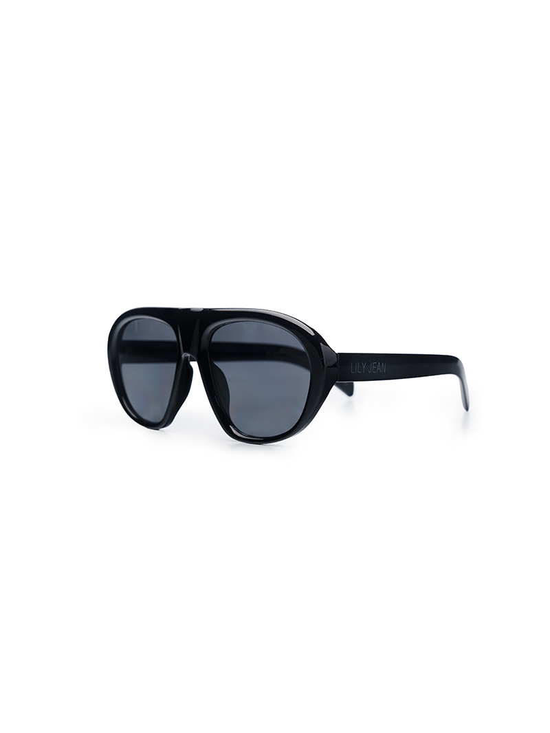Square-aviator black sunglasses with dark gray lenses - quarter front view