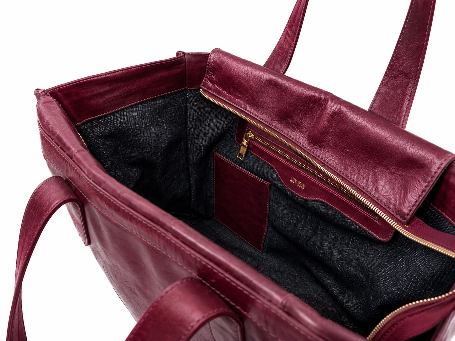 Victoria leather tote bag in wine color - ghost interior view