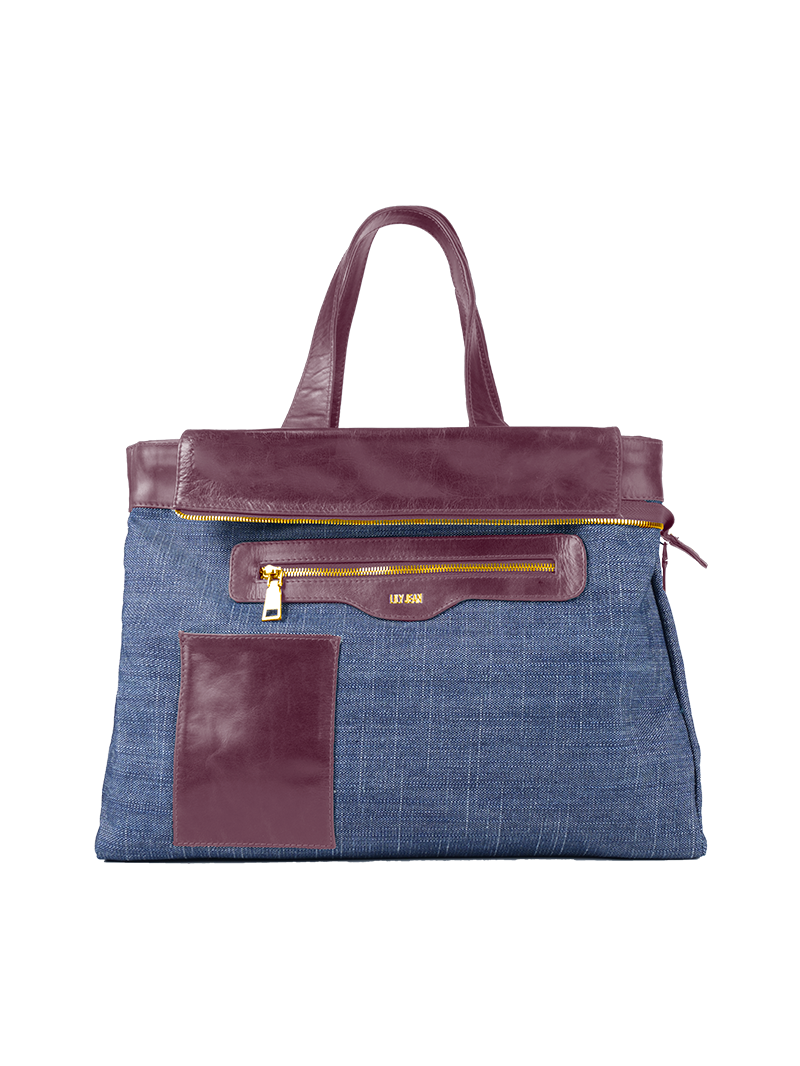 Victoria tote bag in wine color featuring a blue denim inner reversible side with contrasting leather trim - ghost front view