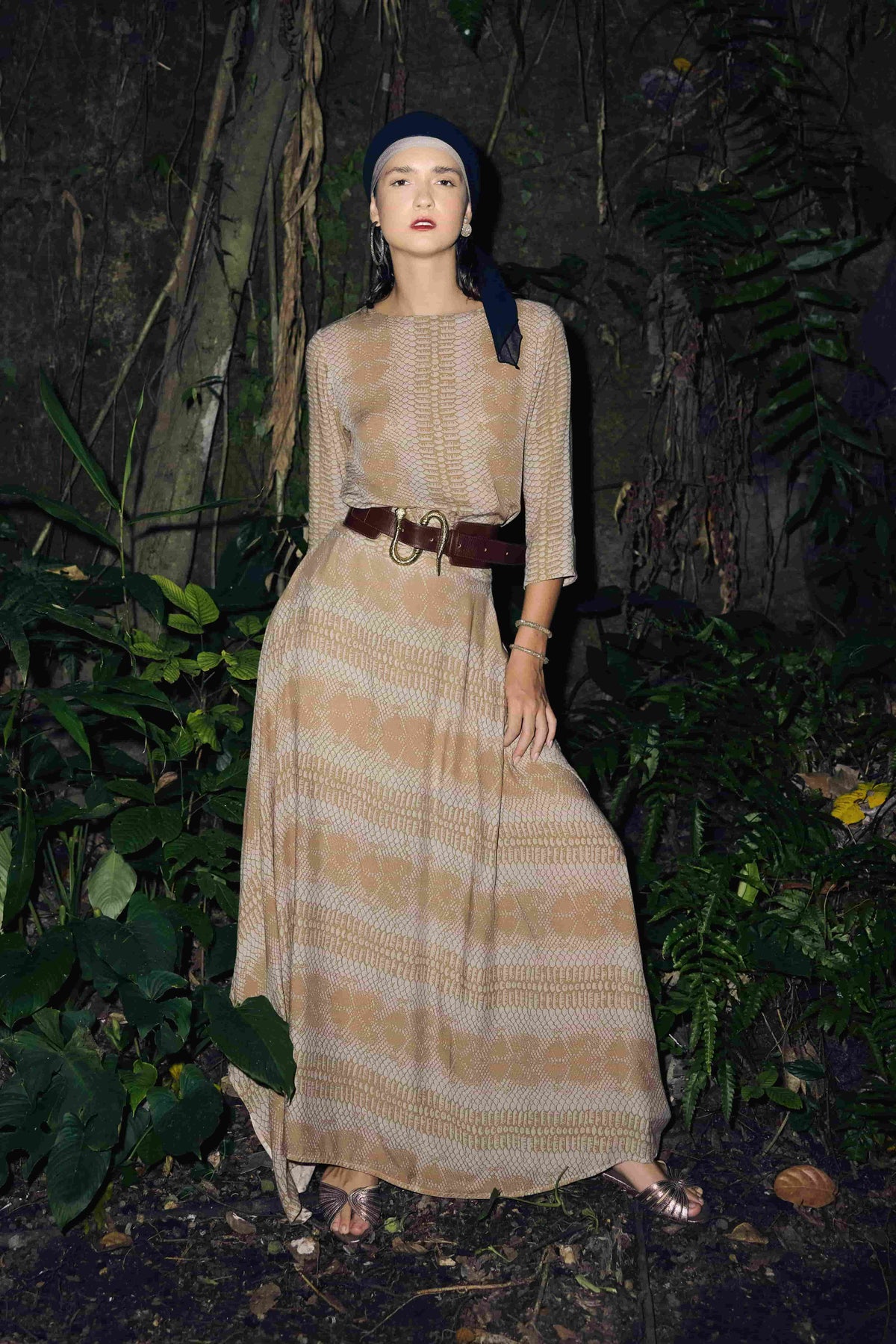 Oya top styled with Oshun maxi dress in snake print taupe - worn by Stefany