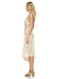 Dandi crochet dress styled with Margot heels, side view - worn by model