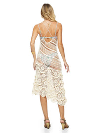 Dandi crochet dress styled with Margot heels, back view - worn by model