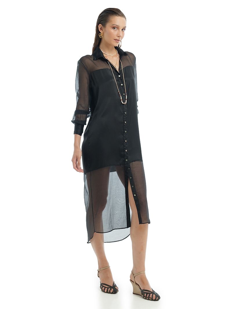 Josie Shirt Dress in black, side view - worn by model