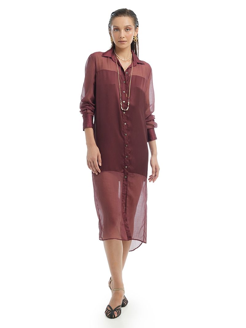 Josie Shirt Dress in Wine, front view - worn by model