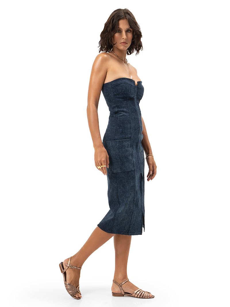lina italian denim midi dress Luna Denim Utility Midi Dress in Harbour Blue