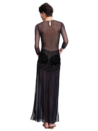 Rose Mesh Dress - Elegant Black with Hand Embroidered Roses & hand Bedaed