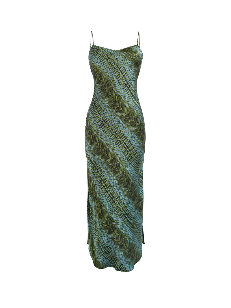 Sandy Maxi Satin Slip Dress in Green Snake Print | Handmade in Bali Lily Jean Sandy Maxi Satin Slip Dress in Green Snake Print | Handmade in Bali Lily Jean