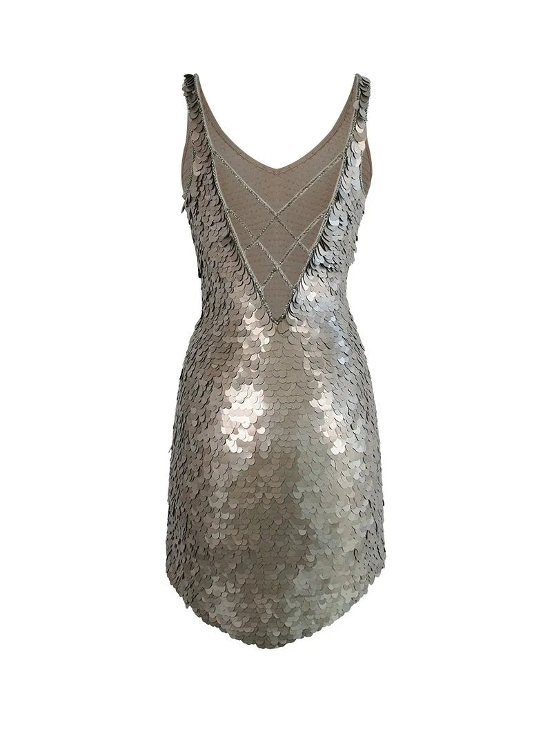 Prague sequin mini dress in taupe - ghost back view