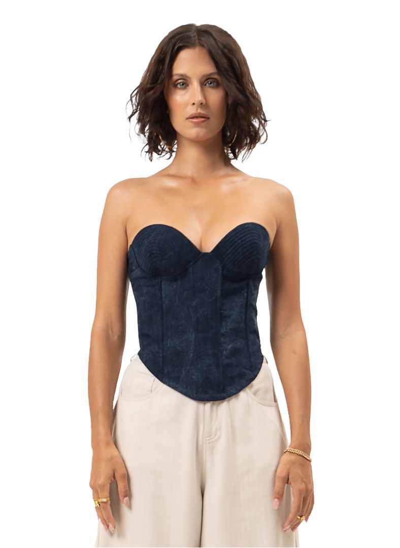 Joplin bustier in blue denim styled with Rua pants in Titanium color, front ghost close view - worn by model