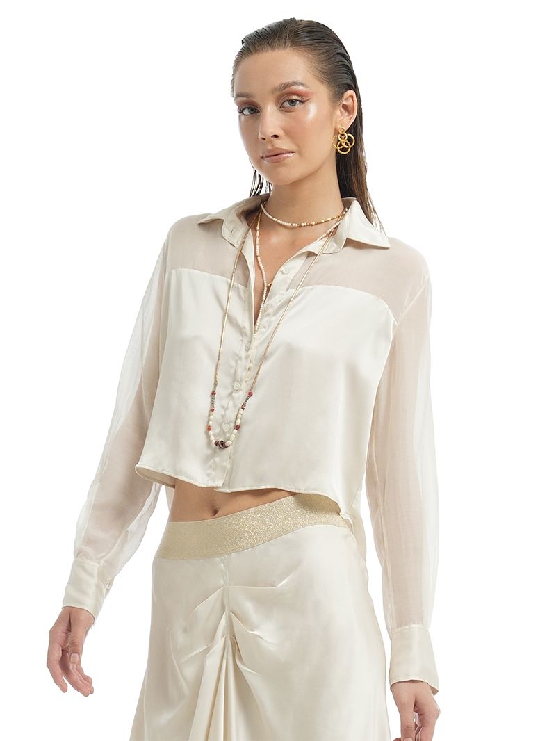 Josie top in Vanilla styled with Alya Skirt, close front view - worn by model