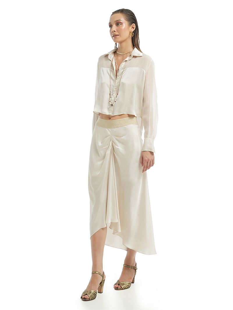 Josie top in Vanilla styled with Alya Skirt and Margot heels, front view - worn by model