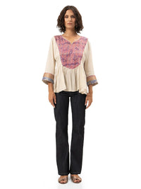 Kali patchwork tunic top styled with Janis jeans and Margot flats, front view - worn by model