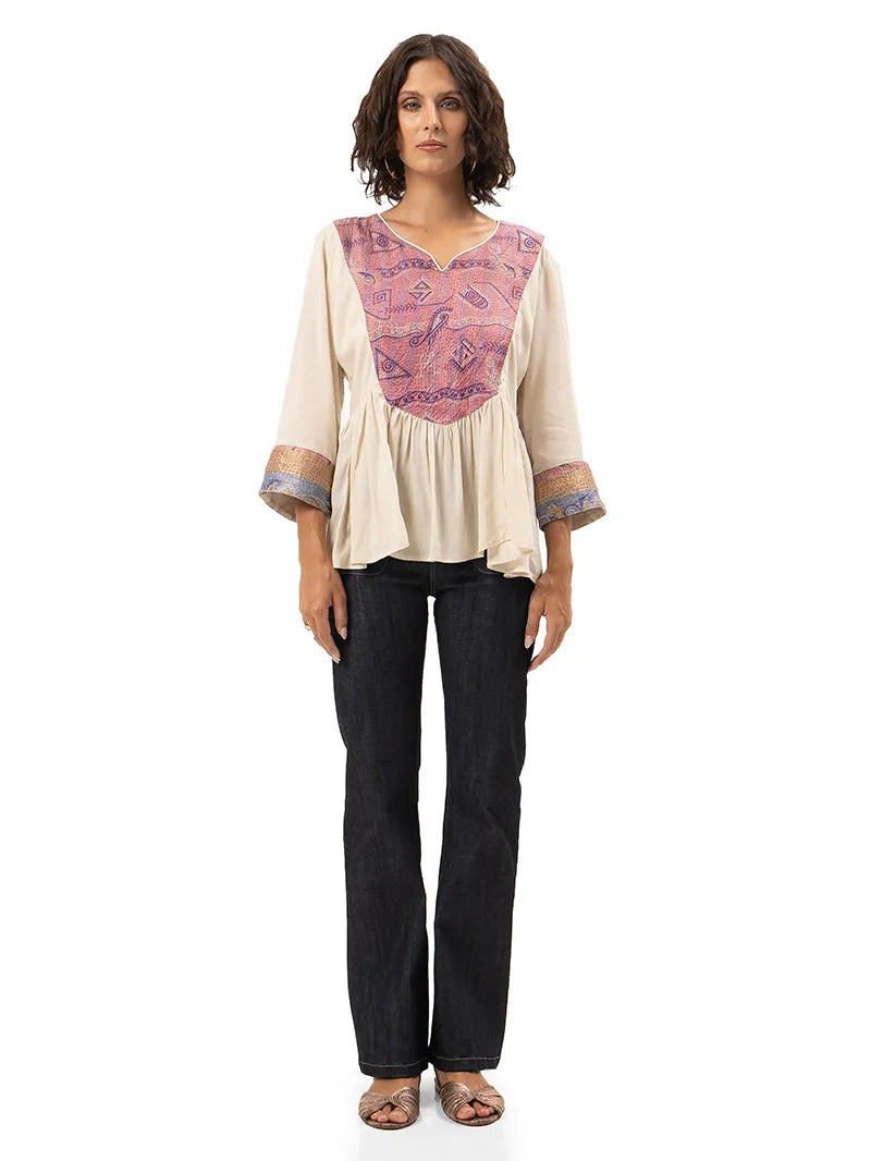 Kali patchwork tunic top styled with Janis jeans and Margot flats, front view - worn by model