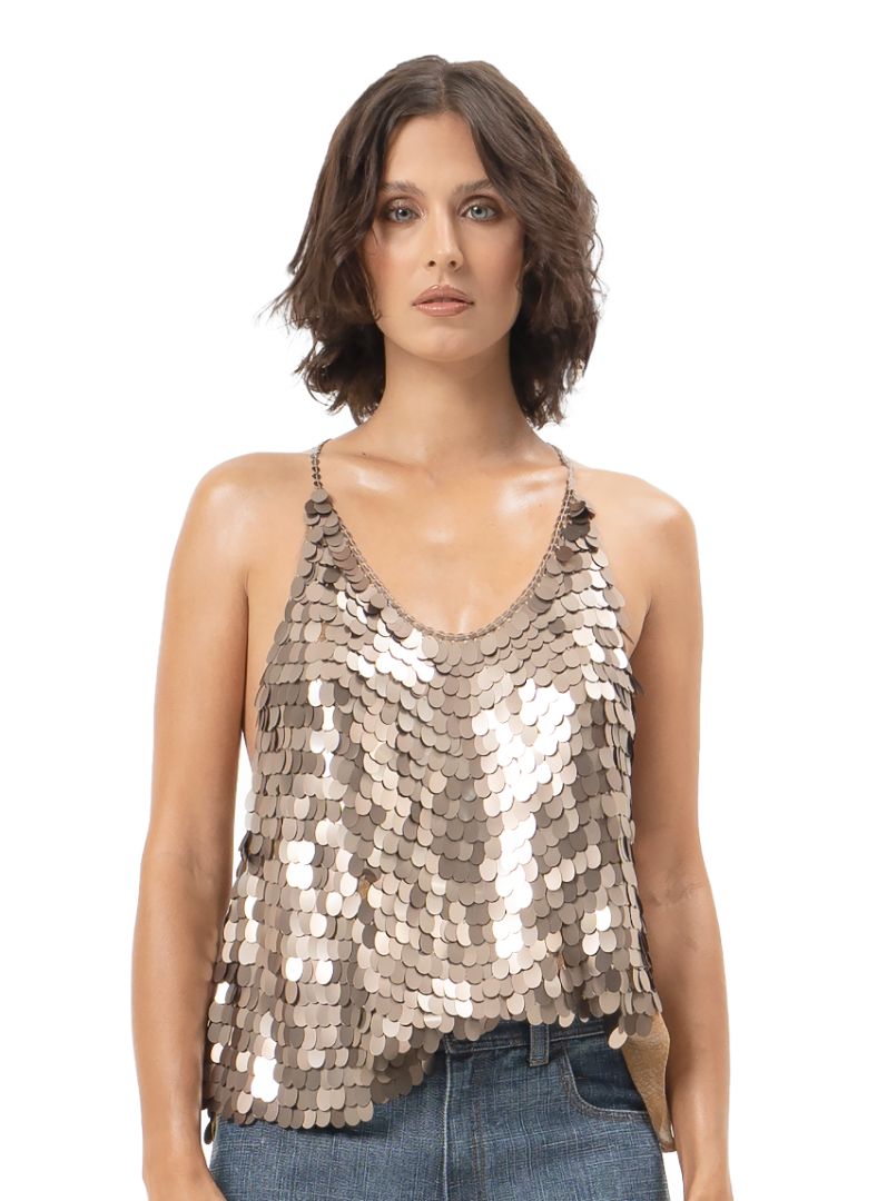 Scale sequin top in taupe styled with denim shorts, front close view - worn by model