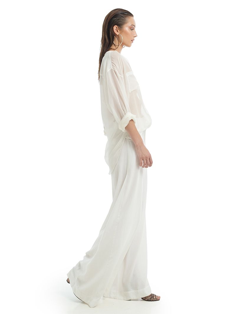 Silk cotton shirt in Natural color styled with Rua pants and Margot heels, side view - worn by model
