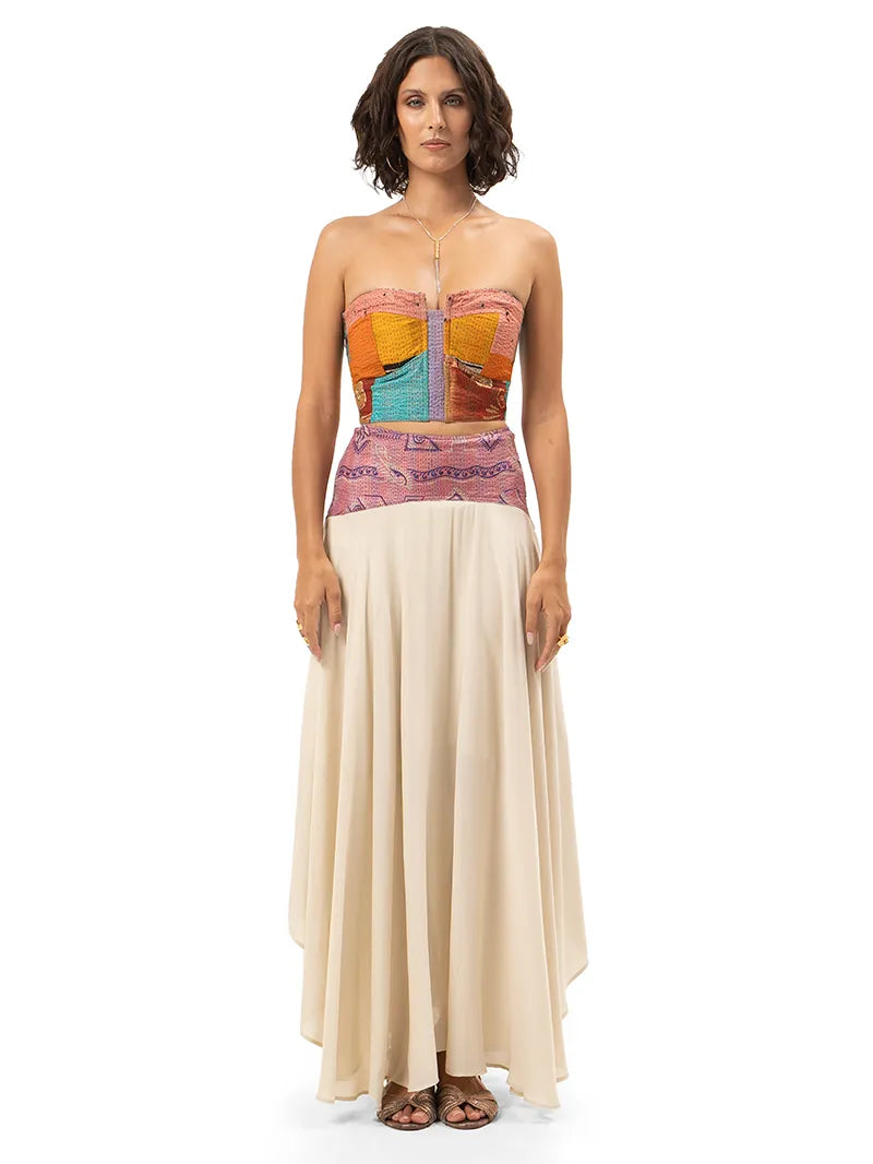Prisha maxi skirt styled with Shiva bustier top and Margot flats, front view - worn by model