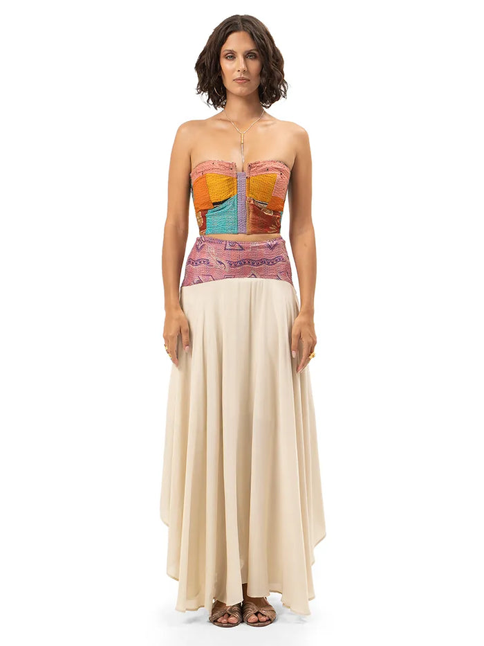 Prisha maxi skirt styled with Shiva bustier top and Margot flats, front view - worn by model