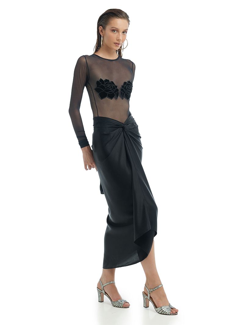 Shakti Midi Skirt in black styled with Rose Mesh Bodysuit and Margot heels, side view - worn by model