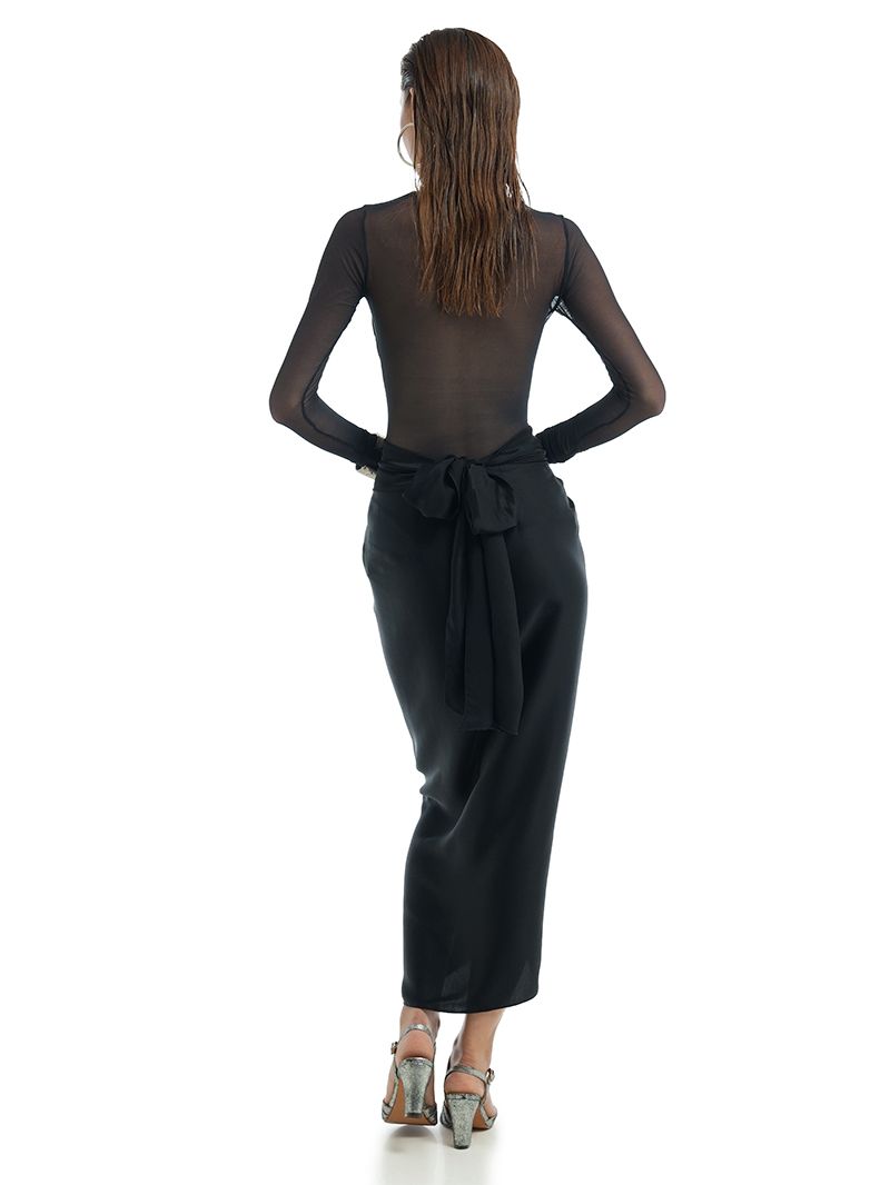 Shakti Midi Skirt in black styled with Rose Mesh Bodysuit and Margot heels, back view - worn by model