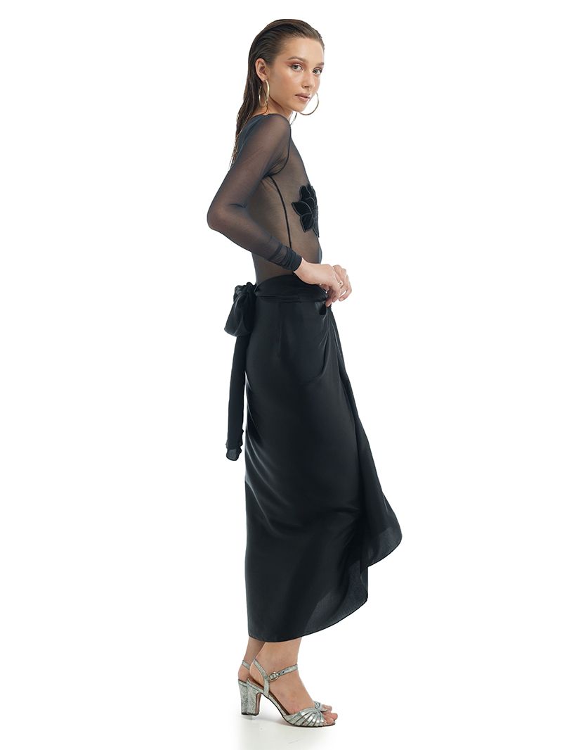 Shakti Midi Skirt in black styled with Rose Mesh Bodysuit and Margot heels, side view - worn by model