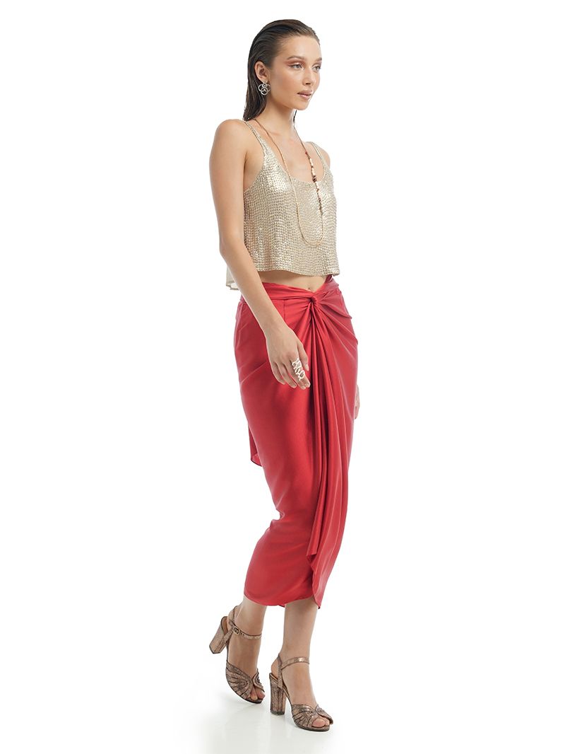 Shakti Midi Skirt Red – Viscose Satin Wrap | Lily Jean