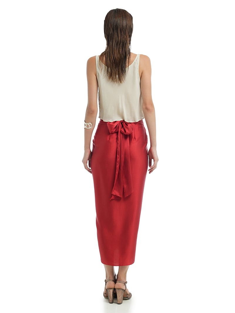 Shakti Midi Skirt in red styled with Hornet beaded top and Margot Heels, back view - worn by model