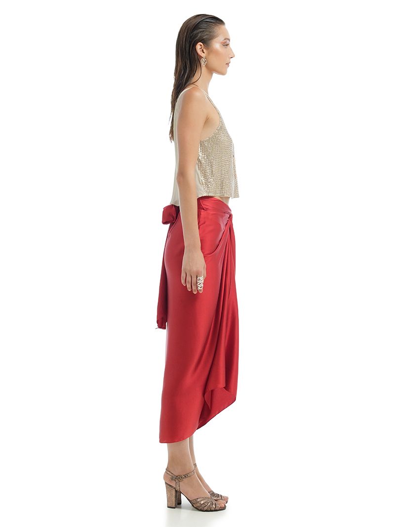 Shakti Midi Skirt in red styled with Hornet beaded top and Margot Heels, another side view - worn by model