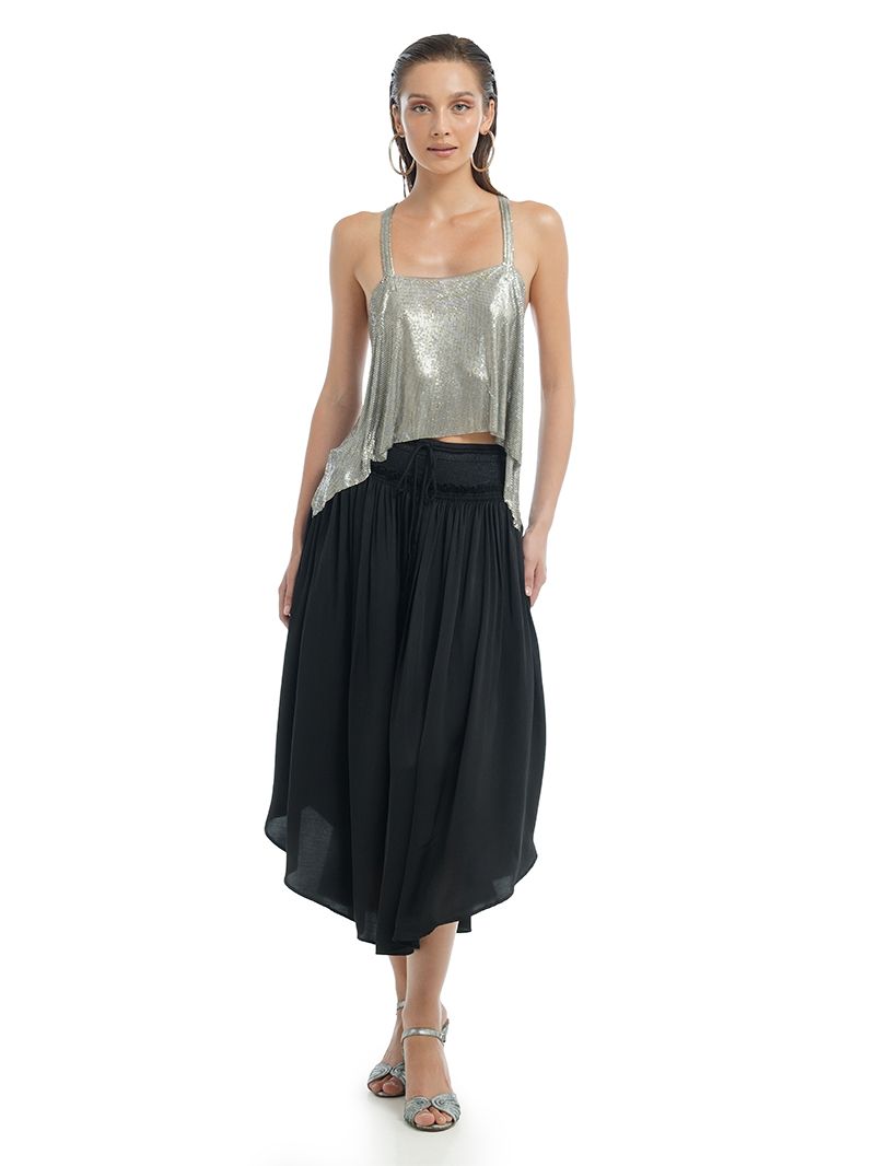 Alina black midi skirt styled with Lame silver tank top and Margot heels, front view - worn by model