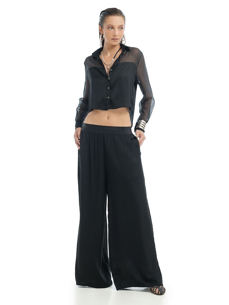 Nova wide leg black pants, styled with Josie Shirt in black, front view - worn by model