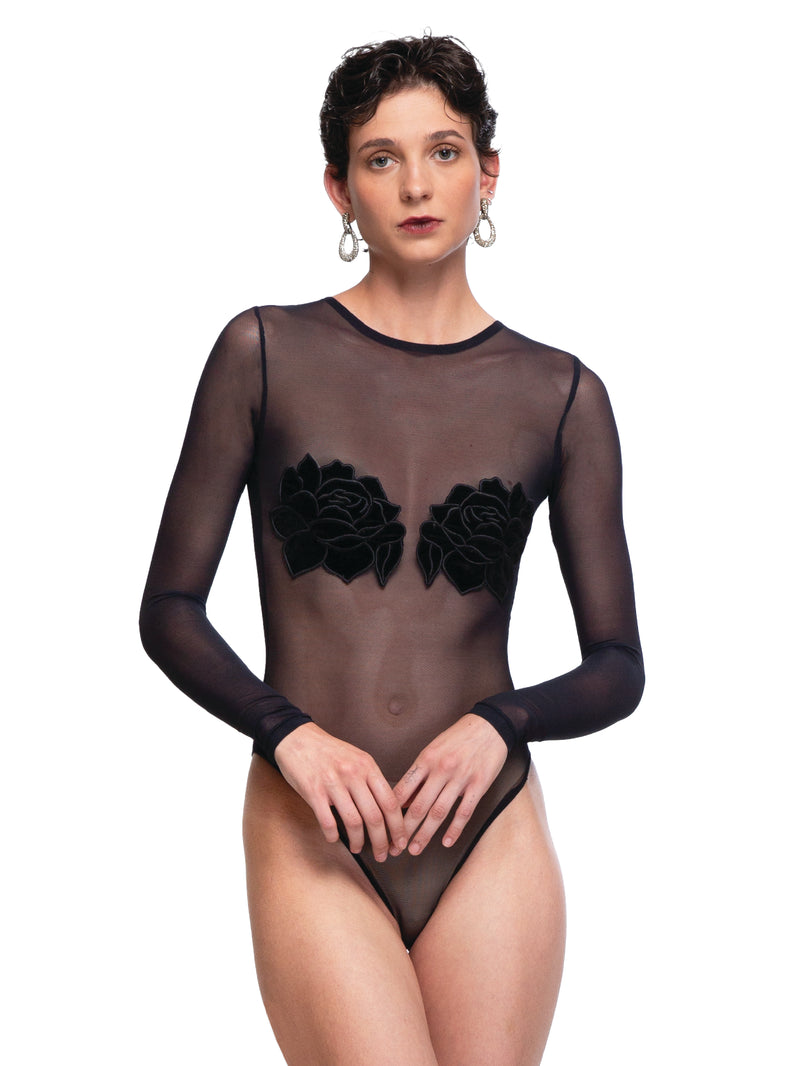 Rose Bodysuit - Elegant Black with Hand-Embroidered Roses